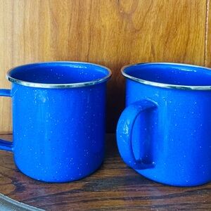 Vintage speckled Blue Enamel Camp Mug Pair